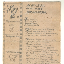 Długi i wąski papier złożony w harmonijkę. Zawiera rysowane ołówkiem klatki filmu z obrazkami, oraz rymowany wiersz. Film zawiera 10 pełnych kadrów, reszta pusta. Kadr 1. - Napis: Film dla Krysi Kadr 2. - Wytwórnia: Twarz o kształcie trójkąta z zaznaczonymi oczami, nosem, ustami umieszczona między płaskim odważnikiem u góry, a odwróconym kapeluszem u dołu. Z prawego boku napisana po skosie data: 26.VI.44. Kadr 3. - Reżyseria: zarys orła z rozpostartymi skrzydłami Kadr 4. - Scenariusz: opuszczony sztandar z rozłożona księgą; pod spodem napis: "SS". Kadr 5. - Laboratorium: Krematorium z dymiącym kominem, obok wieża wartownicza. Kadr 6. - Zdjęcia: Mężczyzna filmujący kamerą. Kadr 7. - Napis: Główni aktorzy Kadr 8. - Postać dziewczynki - Krysi - w ujęciu na wprost z podpartymi rękami w pasie. Kadr 9. - Krysia i mama Jaga lecą na piórku na obłoku Kadr 10. - Krasnoludek ze skrzydełkami podlewający kwiatek. Reszta taśmy filmowej pusta, zaznaczone tylko kontury. Rysunek bardzo delikatny, gdzieniegdzie wytarty, niedokończony. Niektóre kadry bardziej dopracowane. Wiersz napisany odręcznie niebieskim i czarnym ołówkiem. Początek zwrotek, pierwsze litery bardziej ozdobne. Na samym końcu wiersza napis ołówkiem "Koniec".