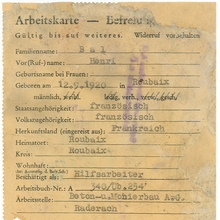 Miniatura obiektu Karta pracy (Arbeitskarte) - zwolnienie Henri'ego Bala