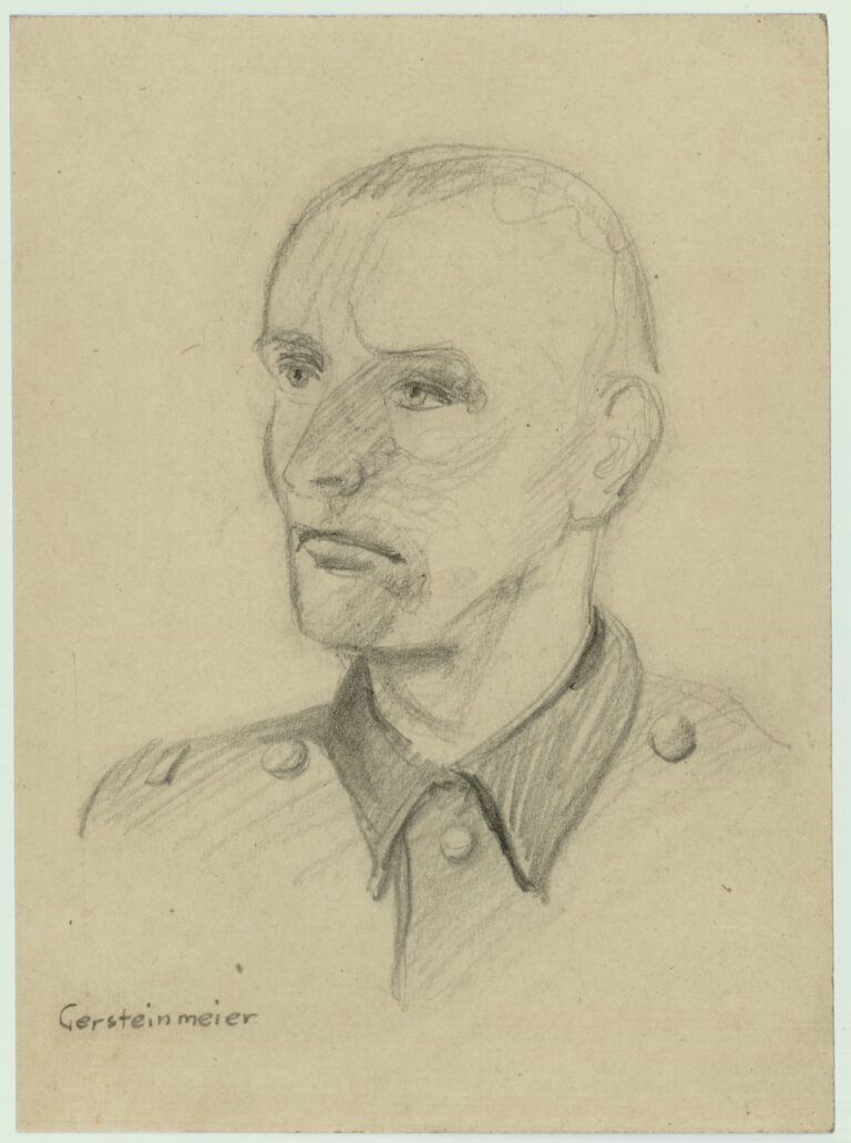Ołówkowy portret mężczyzny w mundurze wojskowym, przedstawiony od ramion w górę, z lewej strony. Ma łysą głowę, wysokie czoło, wyraźne kości policzkowe i długą szyję z zaznaczoną grdyką. Oczy są głęboko osadzone i skierowane w dal, usta wygięte w napiętym grymasie. Rysunek wykonany wyraźnymi, długimi liniami na jasnym papierze.