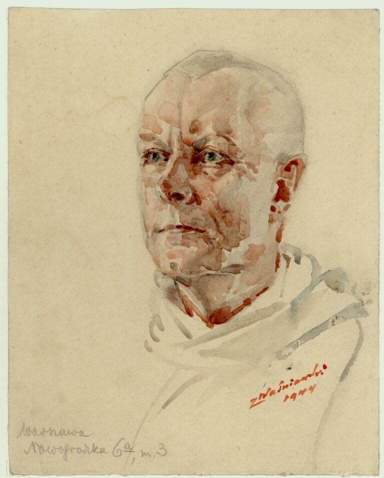 Portret ukazuje popiersie mężczyzny o pociągłej twarzy i wysokim, zmarszczonym czole. Postać ma głęboko osadzone, szaroniebieskie oczy o smutnym wyrazie oraz wąskie, zaciśnięte usta. Skóra twarzy jest wymodelowana światłocieniem, podkreślającym zapadnięte policzki. Mężczyzna ma na szyi błękitno-szary szal namalowany rozmytą plamą barwną. W dolnej części kompozycji widnieje czerwona sygnatura artysty oraz odręczny, ołówkowy zapis adresu w Warszawie. Całość wykonana na kremowym kartonie.
