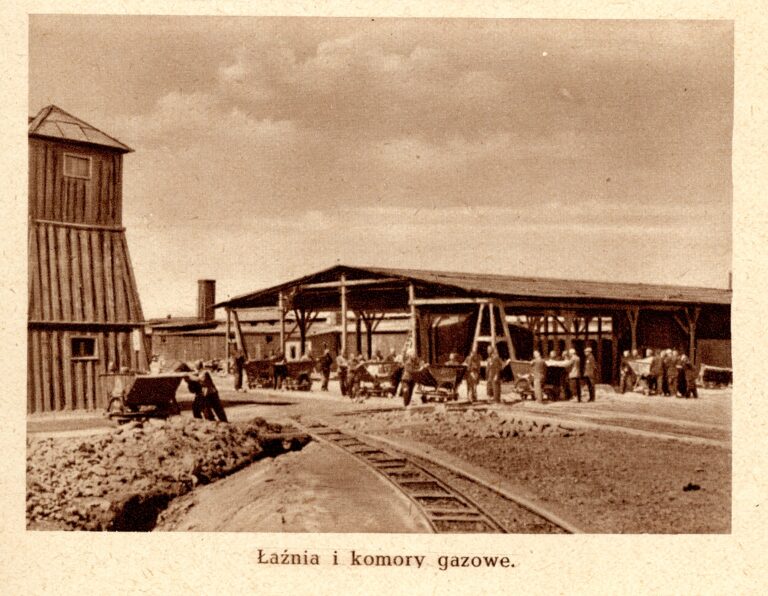 Widok na wiatę nad komorami gazowymi. Z lewej narożna wieża wartownicza, za wiatą barak łaźni i dezynfekcji, dalej na prawo dach baraku łaźni żeńskiej, a poniżej fragment bunkra komór gazowych oraz jego ogrodzenie. Przed wiatą więźniowie pracujący przy nawożeniu tłucznia na drogi obozowe.