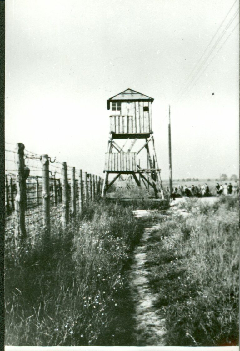 Lipiec 1944. Ogrodzenie i wieże obserwacyjne na terenie b. obozu, prawdopodobnie przy pierwszym międzypolu. W tle drzewa przy szosie piaseckiej.