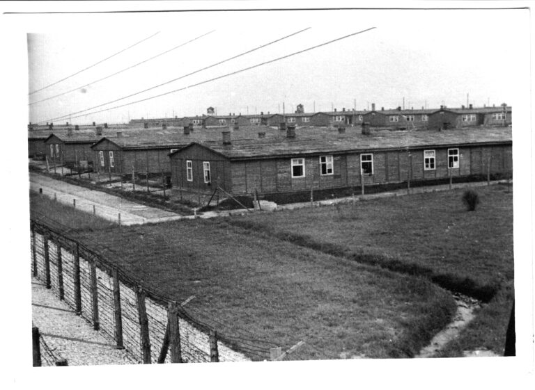 Widok na zabudowę I pola: baraki typ "Schönbrunn" (pierwszy rząd) i "Schneiderbaracke" (drugi rząd).